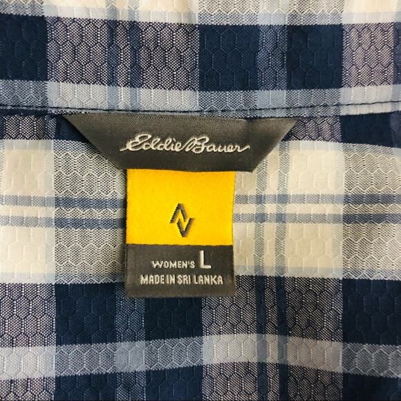 Eddie Bauer blue white plaid button front rip stop hiking camping shirt large - Picture 7 of 8